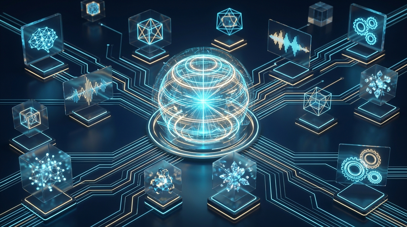 مخطط توضيحي ثلاثي الأبعاد لوكلاء الذكاء الاصطناعي التوكيلي AI Agents والمهام الذاتية