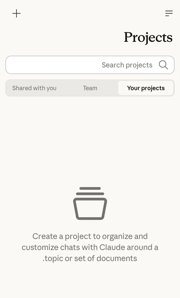 شاشة المشاريع Projects في تطبيق Claude مع تبويبات Your projects و Team و Shared with you وزر إنشاء مشروع جديد